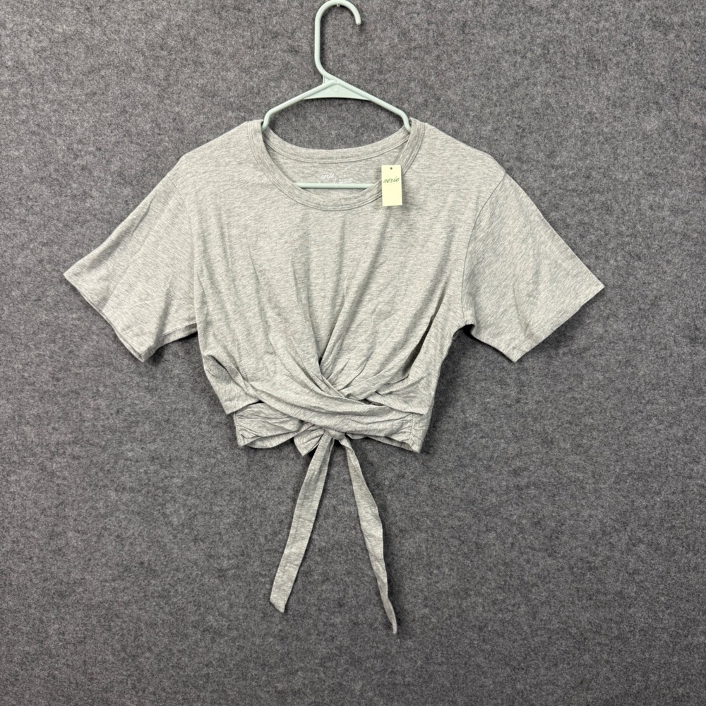 Aerie Womens Heather Gray Cotton Wrap Front Tie Hem Crop Top Tee XS NWT - Picture 7 of 10